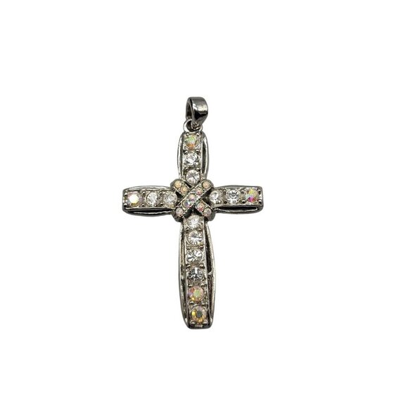 Aurora Borealis Cross Pendant Silver Tone Lots of Sparkle & Color - Picture 5 of 12